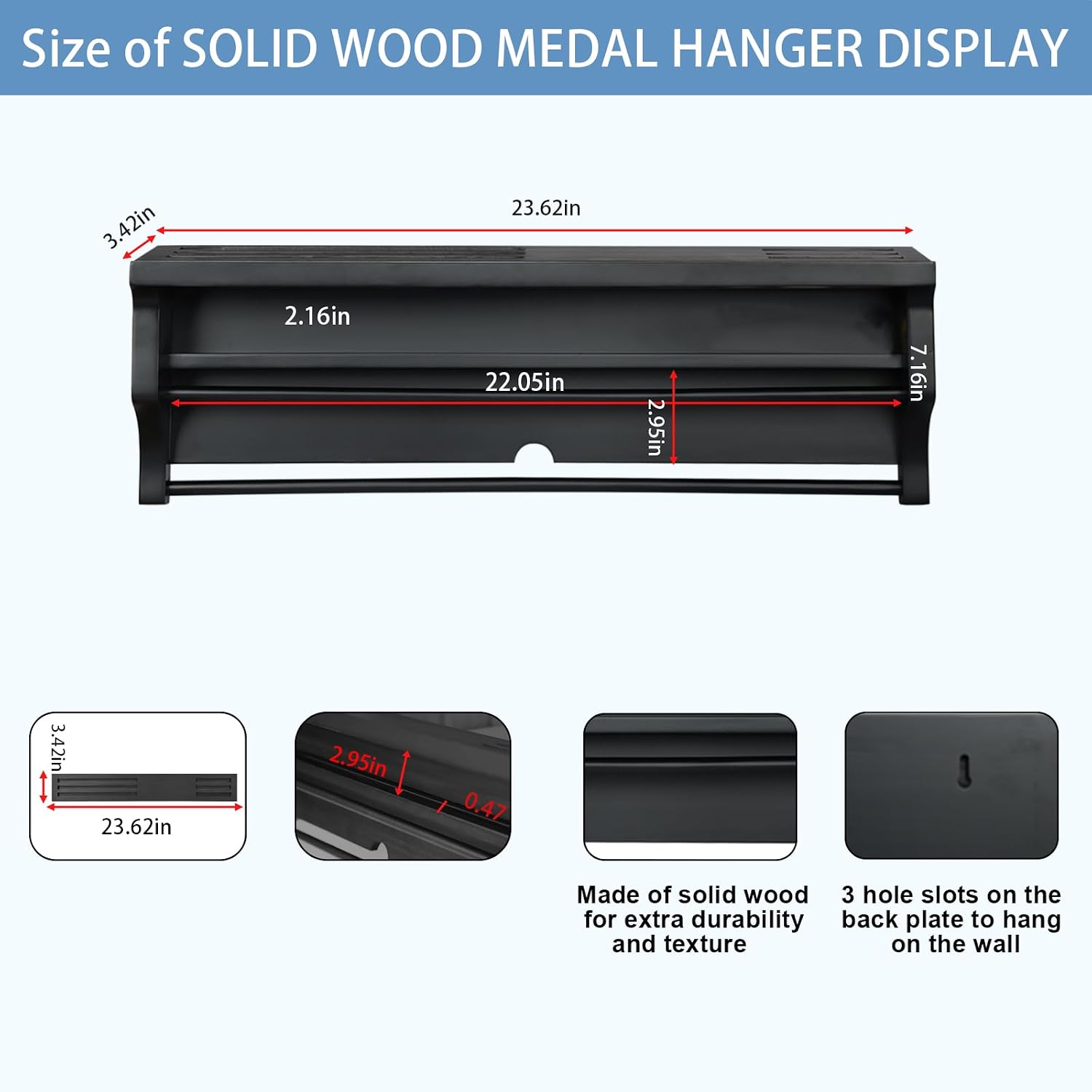 IHEIPYE Medal Hanger Display Shelf Medal Rack Display Holder Black | Solid Wood，Wall Mount, Runners, Marathon, Race