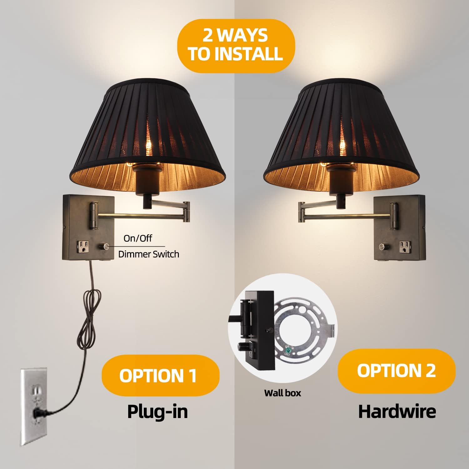 17" Swing Arm Wall Lamp USB & AC Outlet, Dimmable, Black | Adjustable Swing Arm Rotary dimmer sets Plug-in bedside