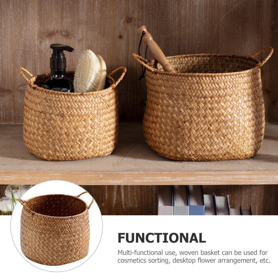 Japanese Style Woven Storage Basket Handles Handcrafted Decorative Organizer for Cosmetics Flower