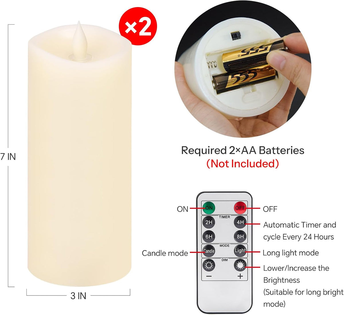 2PCS, 3 x 7 inches Flameless Candle with Remote Control, 3D Flickering Wick, Real Wax, Battery Candles,with