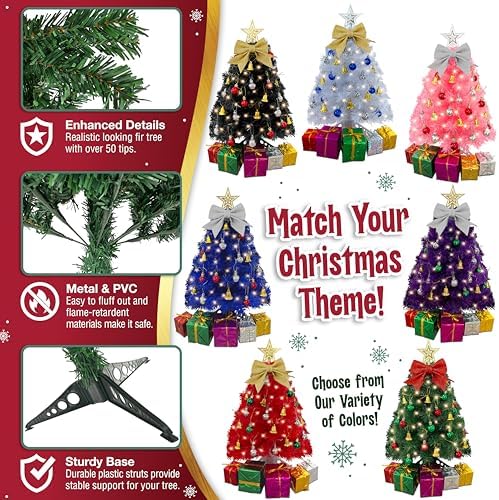 Small Christmas Tree with Lights - 23 Inch Mini Tabletop Christmas Tree with Warm-White LED Lights, Hanging Ornaments, Decorative Bow and Gift Boxes - Prelit Table Tree for DIY Christmas Decoration