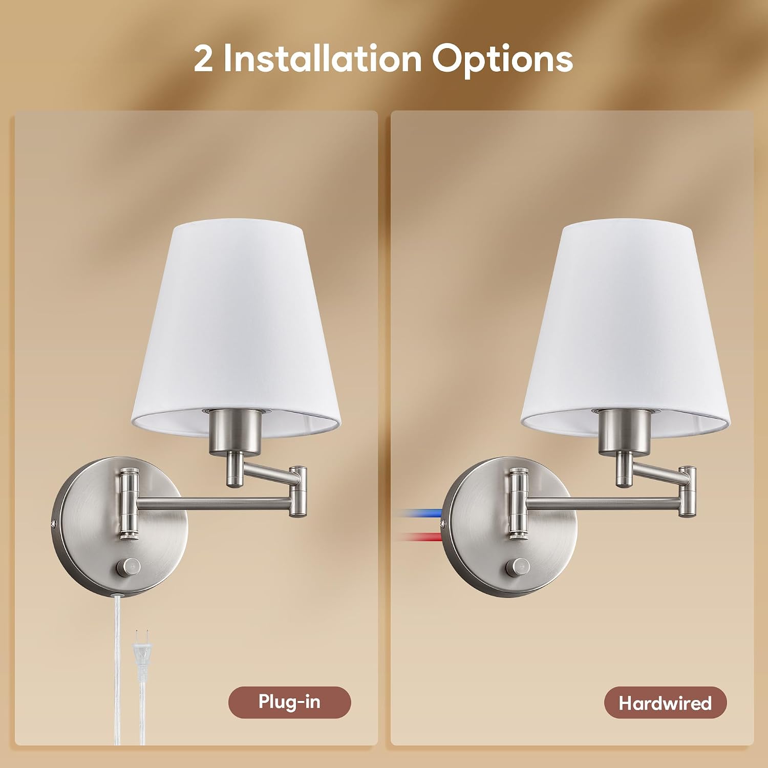 VONLUCE Wall Lamp, Plug in & Swing Arm Wall Sconce, Nickel Finish | Modern Wall Lights with White Fabric Shades, Plug