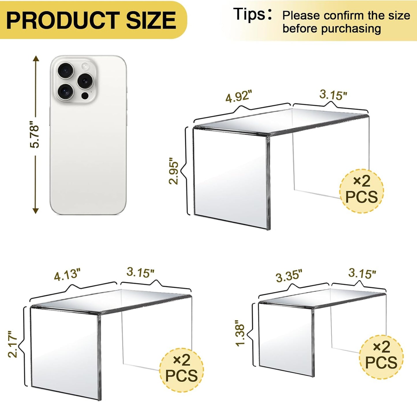 0.15" Thick Acrylic Risers Display Stands / 3 x 4 x 5 / X2set / Clear / Set of 6