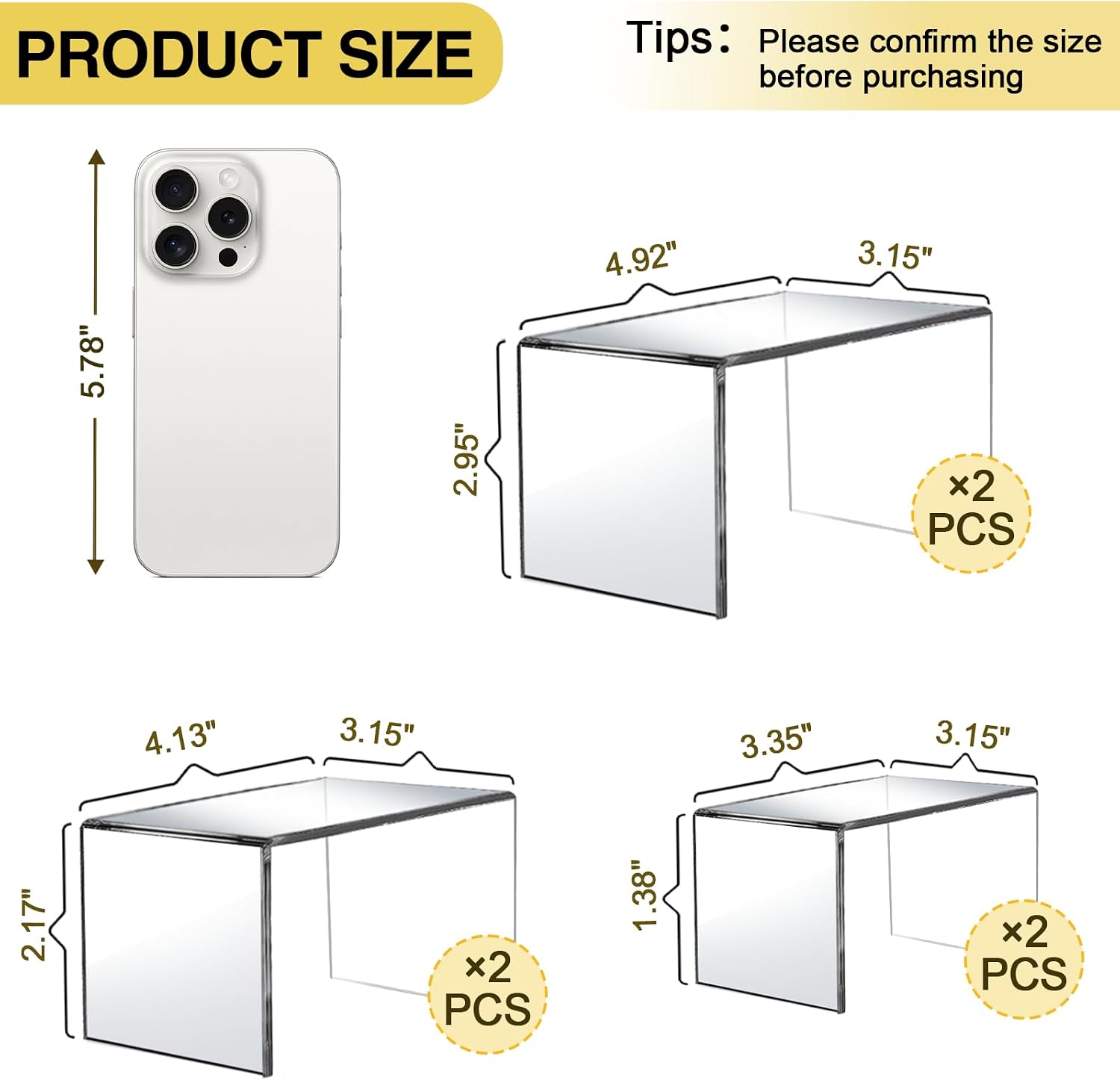 0.15" Thick Acrylic Risers Display Stands / 3 x 4 x 5 / X2set / Clear / Set of 6