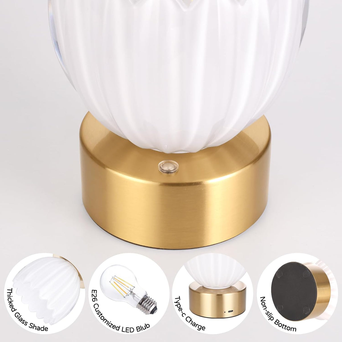 Shenmoyl Cordless Small Table Lamp with 5200mAh Battery & Touch Control, Battery Operated Tulip Table Lamp with 3