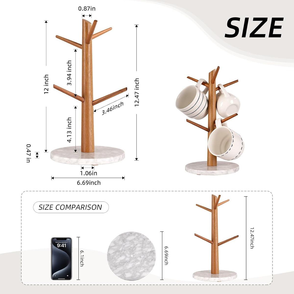 Acacia Wood Mug Tree, Marble Base | Coffee Mug Tree for Counter, Mug Holder Tree with 6 Hooks for Kitchen Coffee Bar