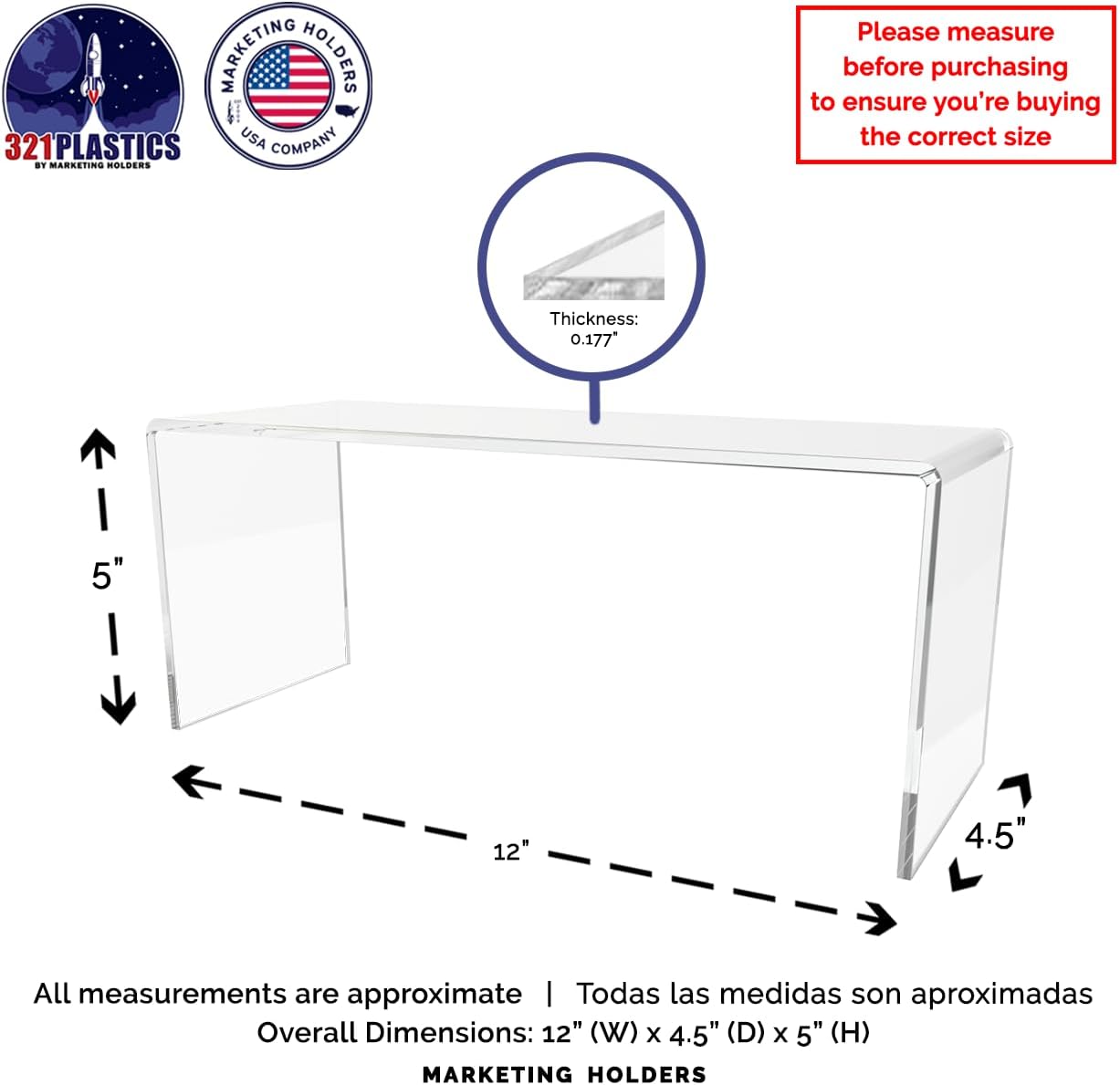 Marketing Holders 6 Pack Acrylic Riser Display Stand 12 Inch Wide by 4.5 Inch Deep Clear Plastic Countertop Tabletop
