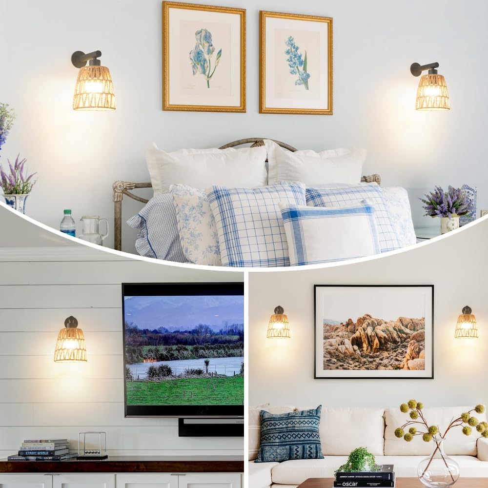Boho Battery Operated Wall Sconces, Rattan Wall Sconce Set of 2 with Remote, RGB 15 Colors Dimmable Rechargeable Wall