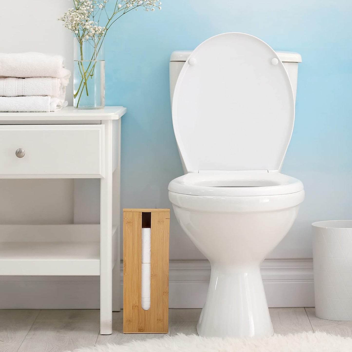 GOBAM Bamboo Toilet Paper Storage - Fits 3 Mega Toilet Paper, Bathroom Organizer, Toilet Paper Holder Stand, Bamboo