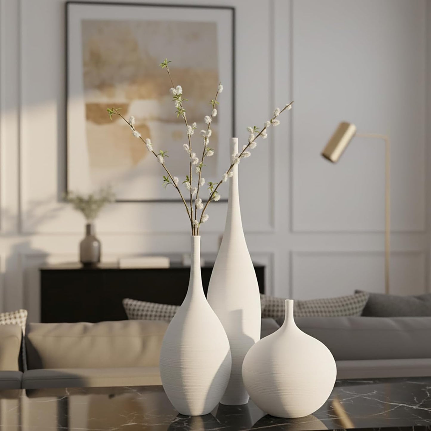 Ceramic Vase / Modern Boho Vases for Centerpiece Decor / White / Set of 3