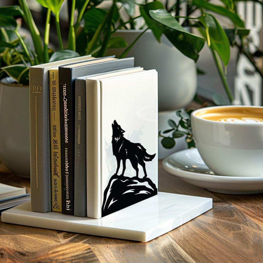 Metal Bookends / Modern Decorative Heavy Duty Study Book Support Stoppers / Howling Wolf