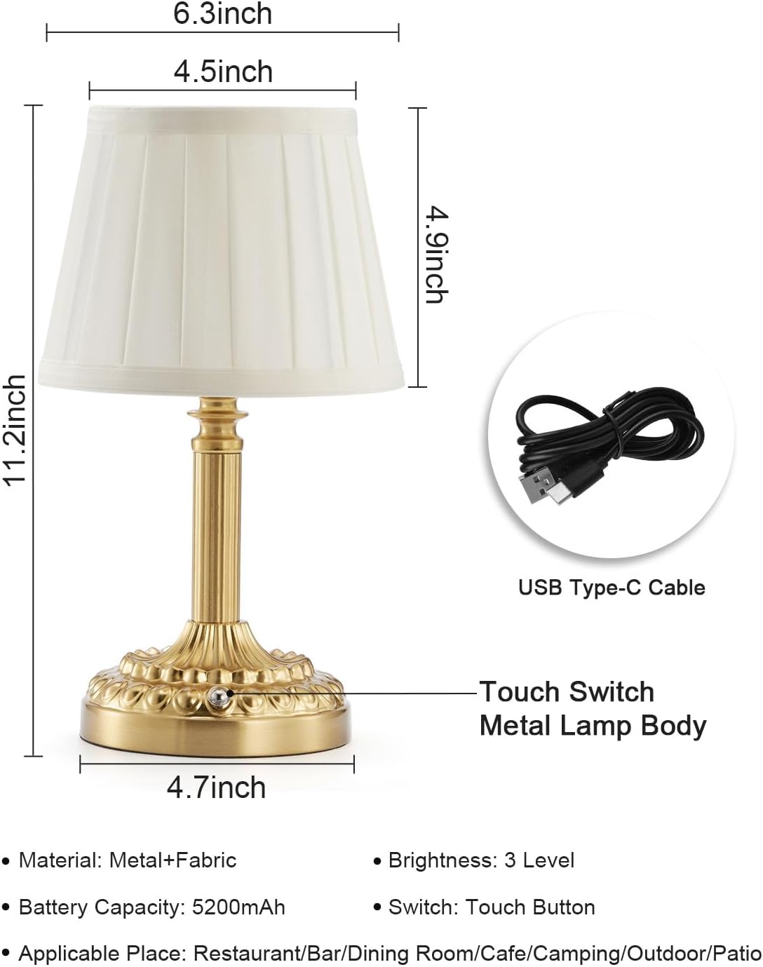2 Pack Rechargeable Cordless Table Lamps for Restaurant Dining | 5200mAh Small Battery Operated Lamp, Portable Dimmable