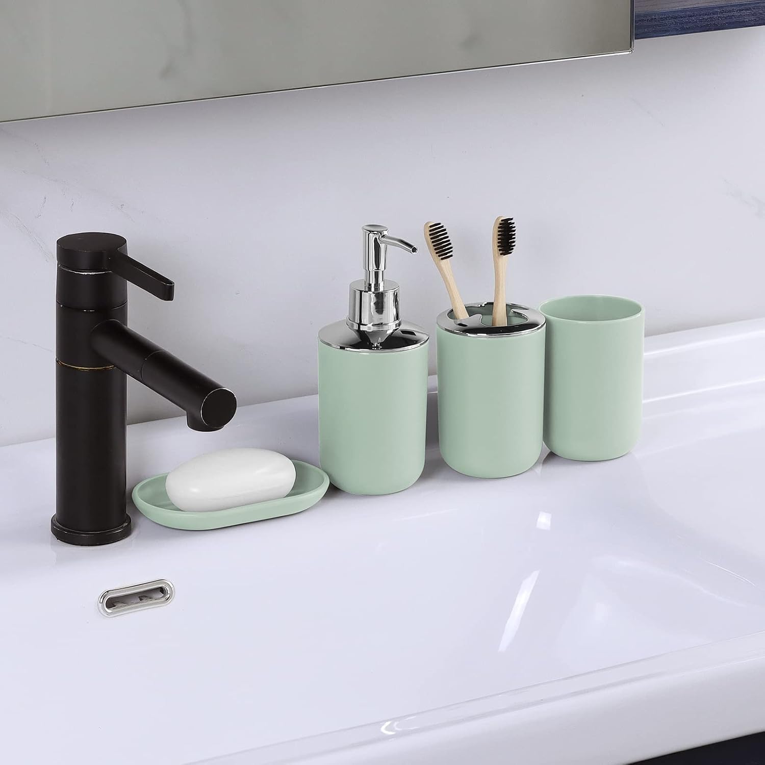 IMAVO Bathroom Accessories Set,Green Bathroom Set,7 Pieces Bathroom Accessory Set,Tray,Toilet Brush,Trash Can for