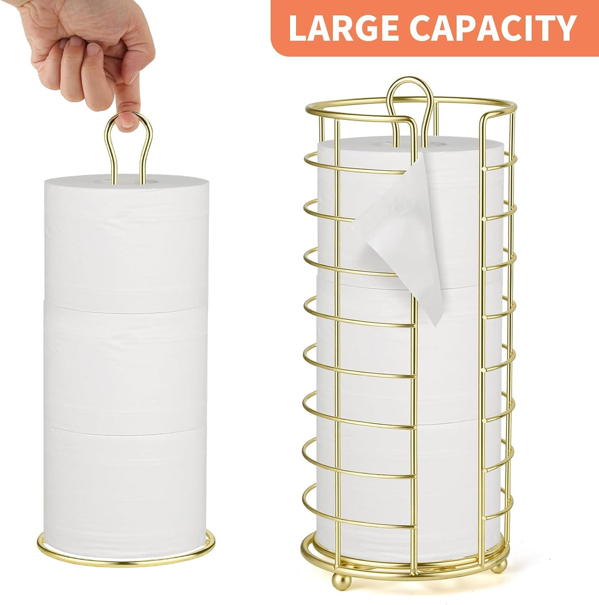 Toilet Paper Holder Stand,Freestanding,Gold | Bathroom Toilet Paper Organizer, 3 Mega Roll Toilet Paper Holder for
