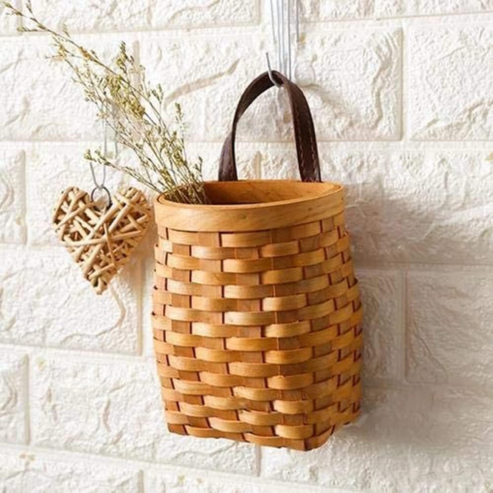 Small Hand-Woven Wood Storage Basket Portable Wall Hanging Flower Basket Organizer Fruit Vegetable