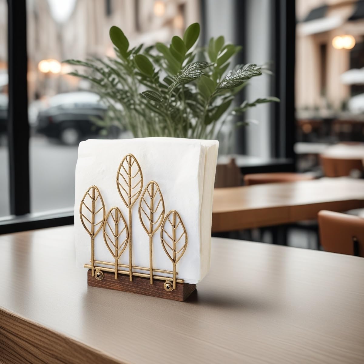 Wooden Base Metal Wrought Iron Vertical Napkin Holder Golden Mini Tree-Shaped Tissue Holder