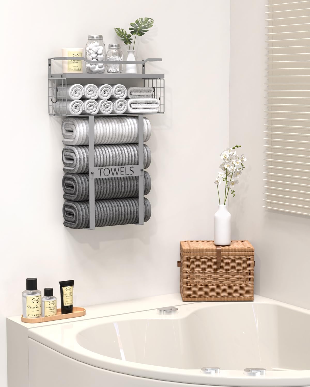 Towel Racks for Bathroom Wall Mounted - Bath Wall Towel Holder Set Above Toilet Storage, Rolled Towel Shelf Organizer