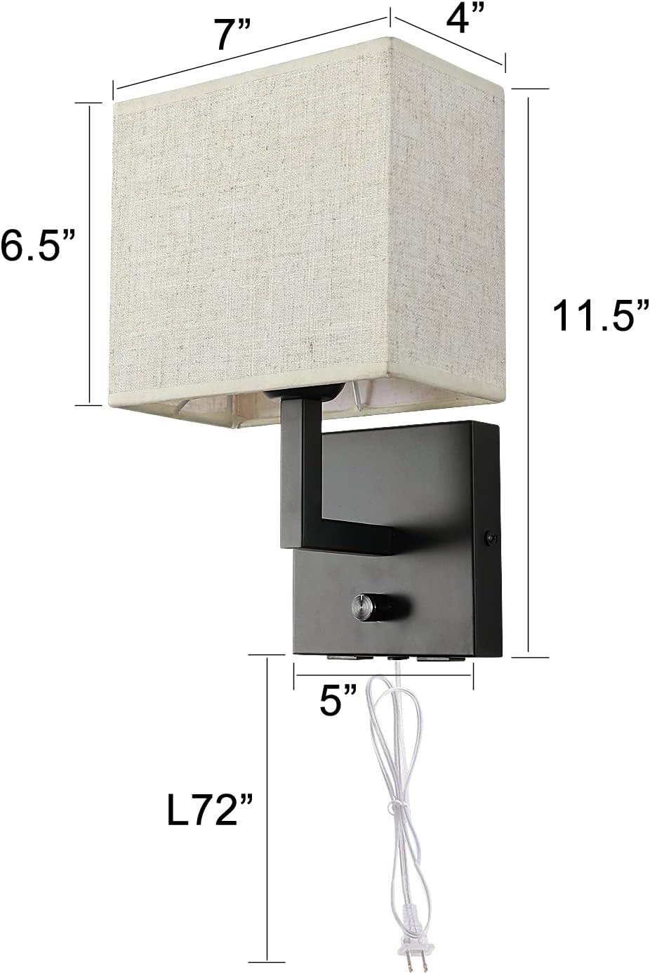 Bedside Wall Mount Light with Dimmer Switch and Two USB Charging Port, Fabric Linen Shade Wall Sconces Light with Plug