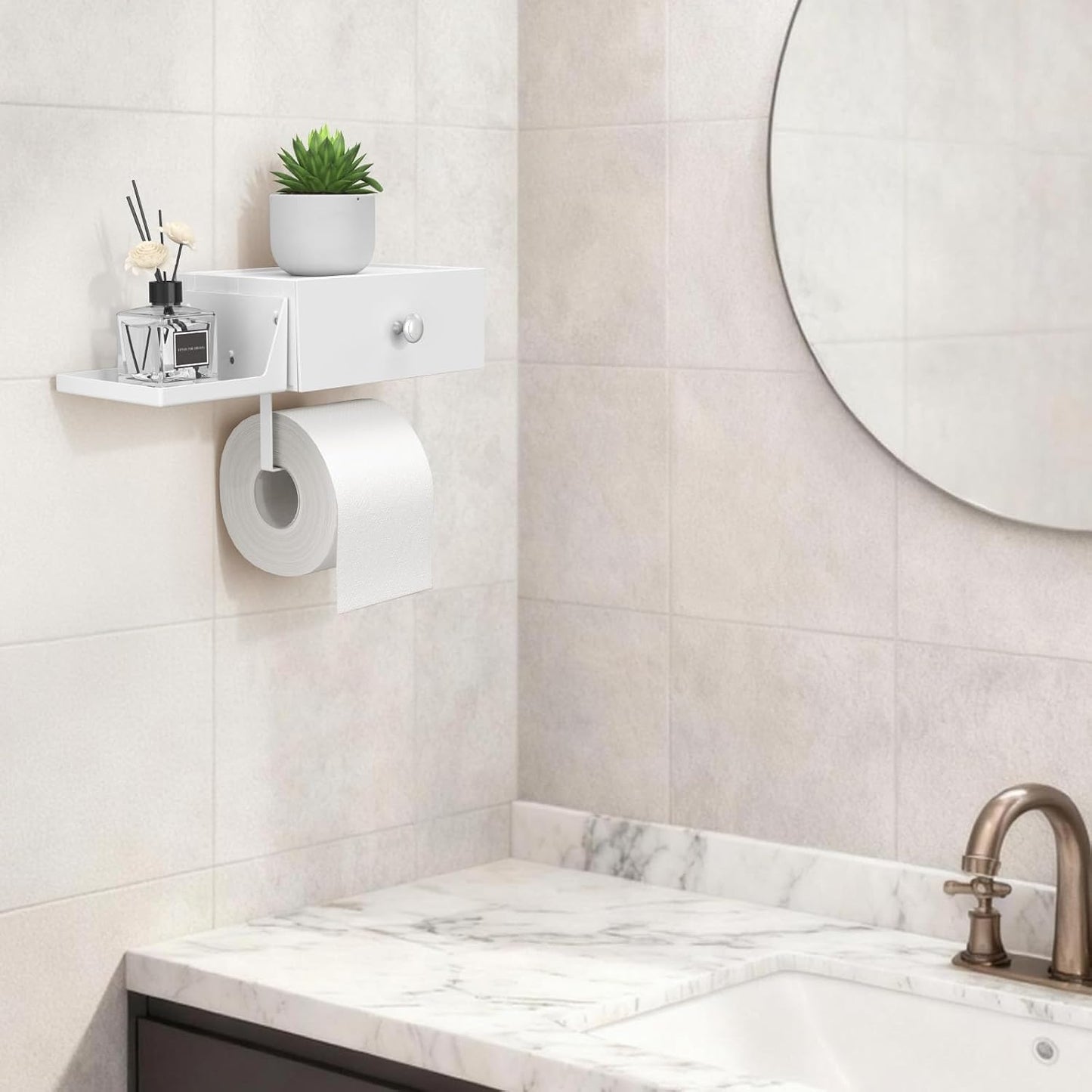 Lifewit Toilet Paper Holder Wall Mount with Shelf & Drawer, White, 2 Pack | Screw or adhesive installation, sturdy