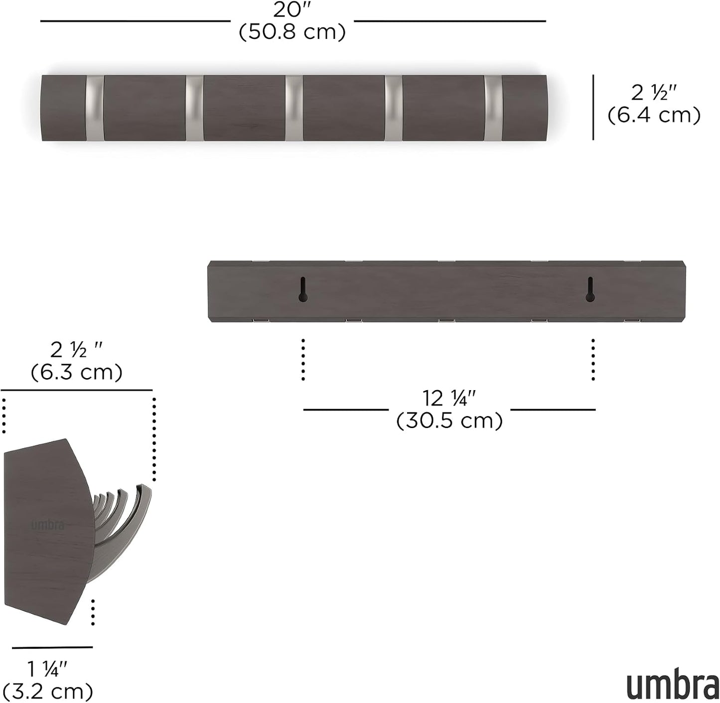 Umbra Flip Coat Rack, Wall Mounted 5-Hook Space Saving, Driftwood/Nickel | Real wood and steel build, retractable hooks