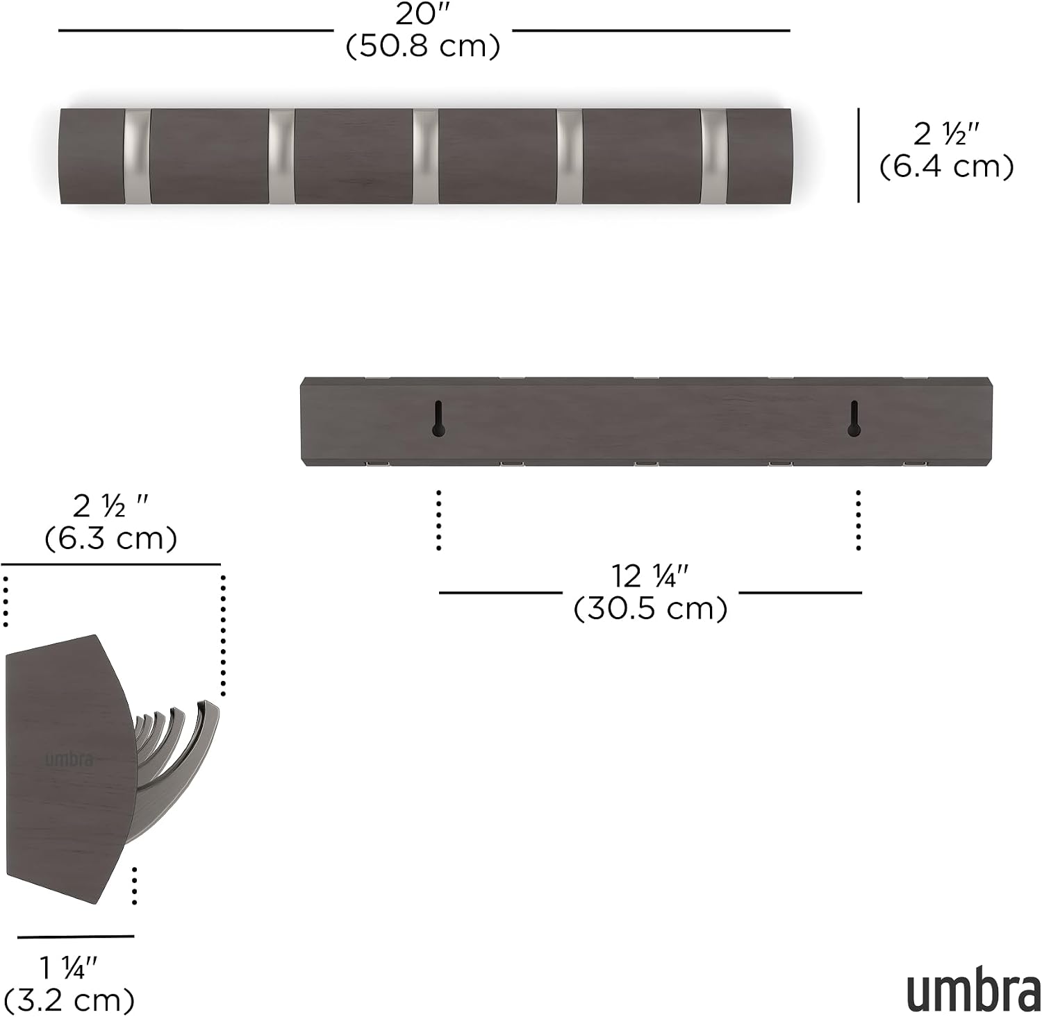 Umbra Flip Coat Rack, Wall Mounted 5-Hook Space Saving, Driftwood/Nickel | Real wood and steel build, retractable hooks