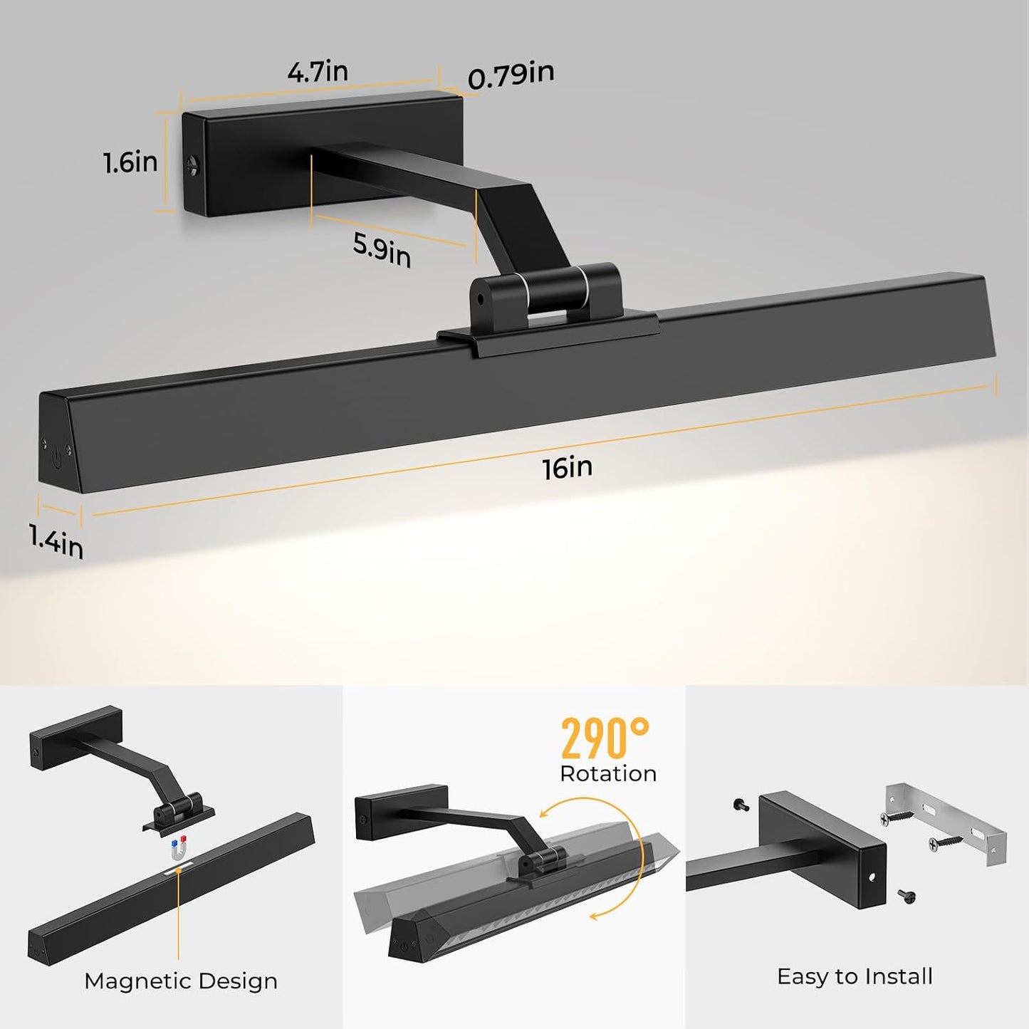 Picture Lights for Wall, Battery Operated Gallery Light 16in for Paintings CCT Dimmable Recharging Battery Wall Lamp