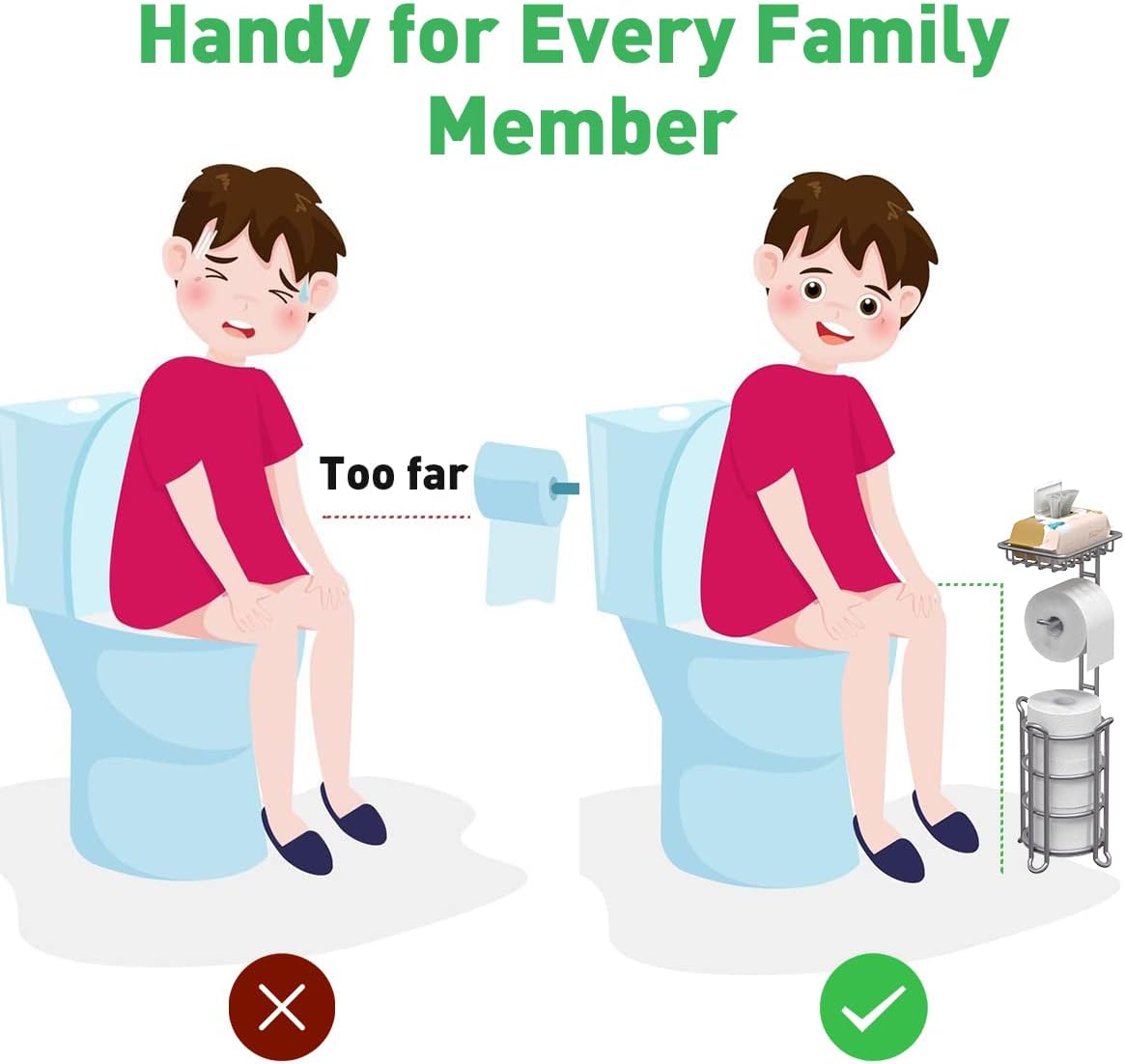 Toilet Paper Holder Stand Bathroom Tissue Dispenser Holders Rack Free Standing with Extra Shelf Storage Mega