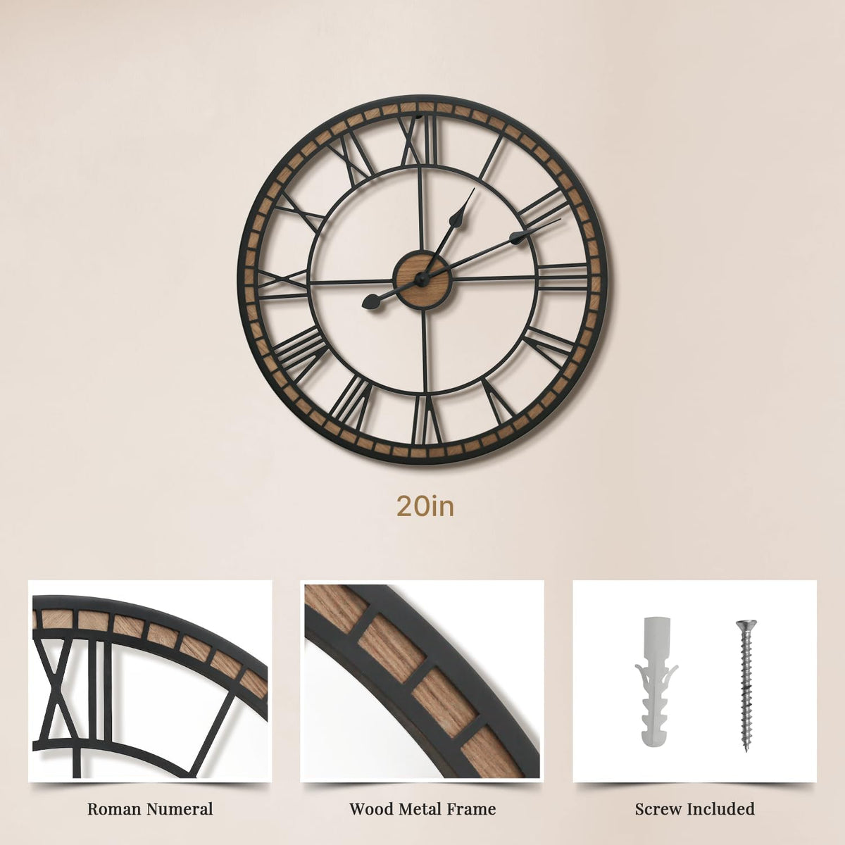 Micasso Decorative Wall Clock: 20 inch Modern Farmhouse Battery Operated | Black Metal with Wood Frame - Roman Numeral