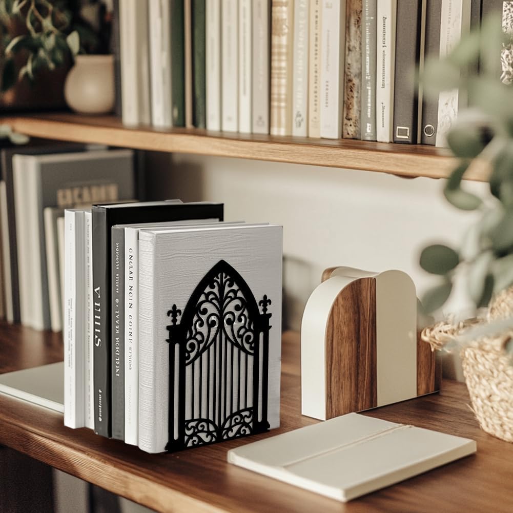 Metal Bookends / Modern Decorative Heavy Duty Study Book Support Stoppers / Gothic Gate