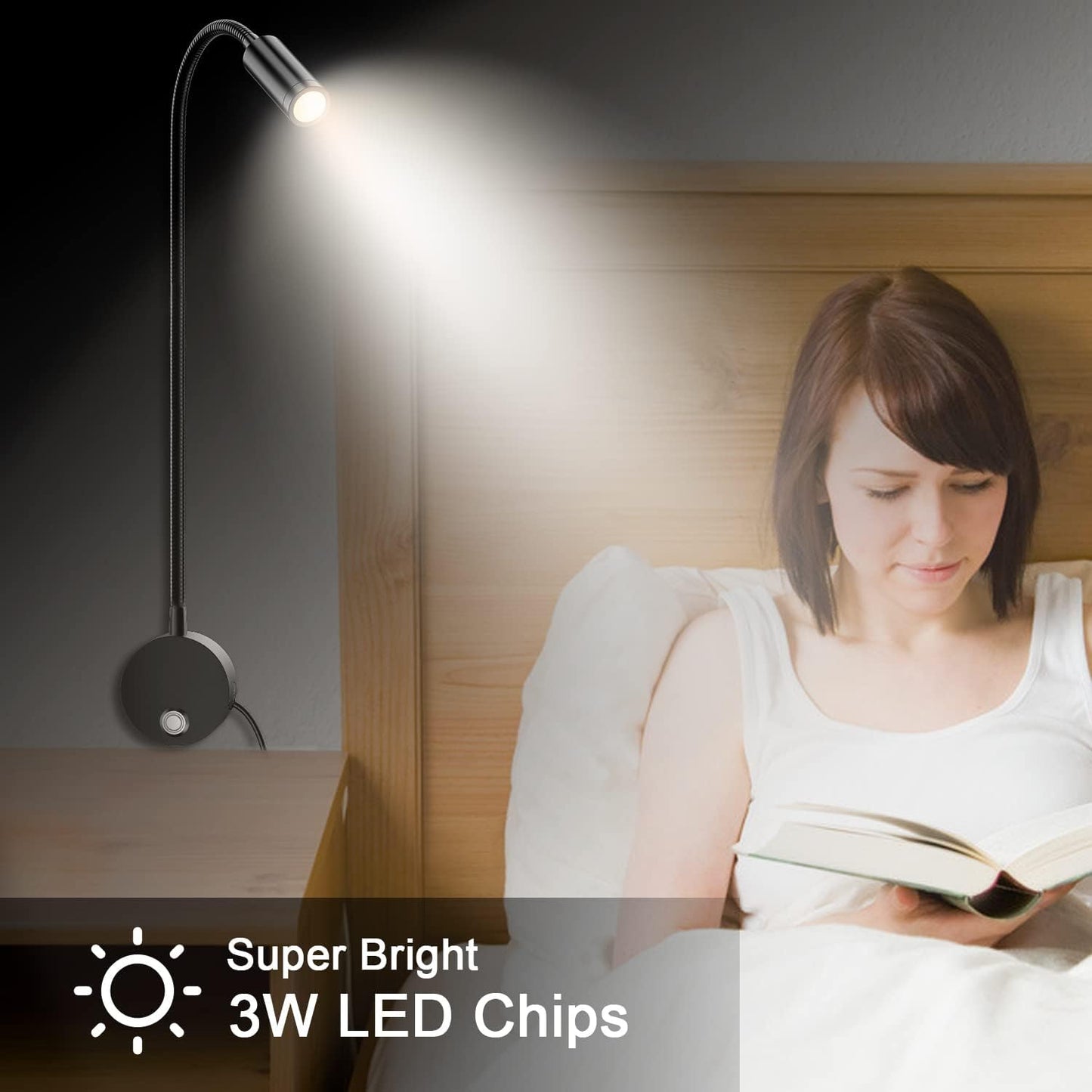 Wall Mounted LED Reading Light with 15" Flexible Gooseneck, Dimmable Book Light for Reading In Bed with USB Charging
