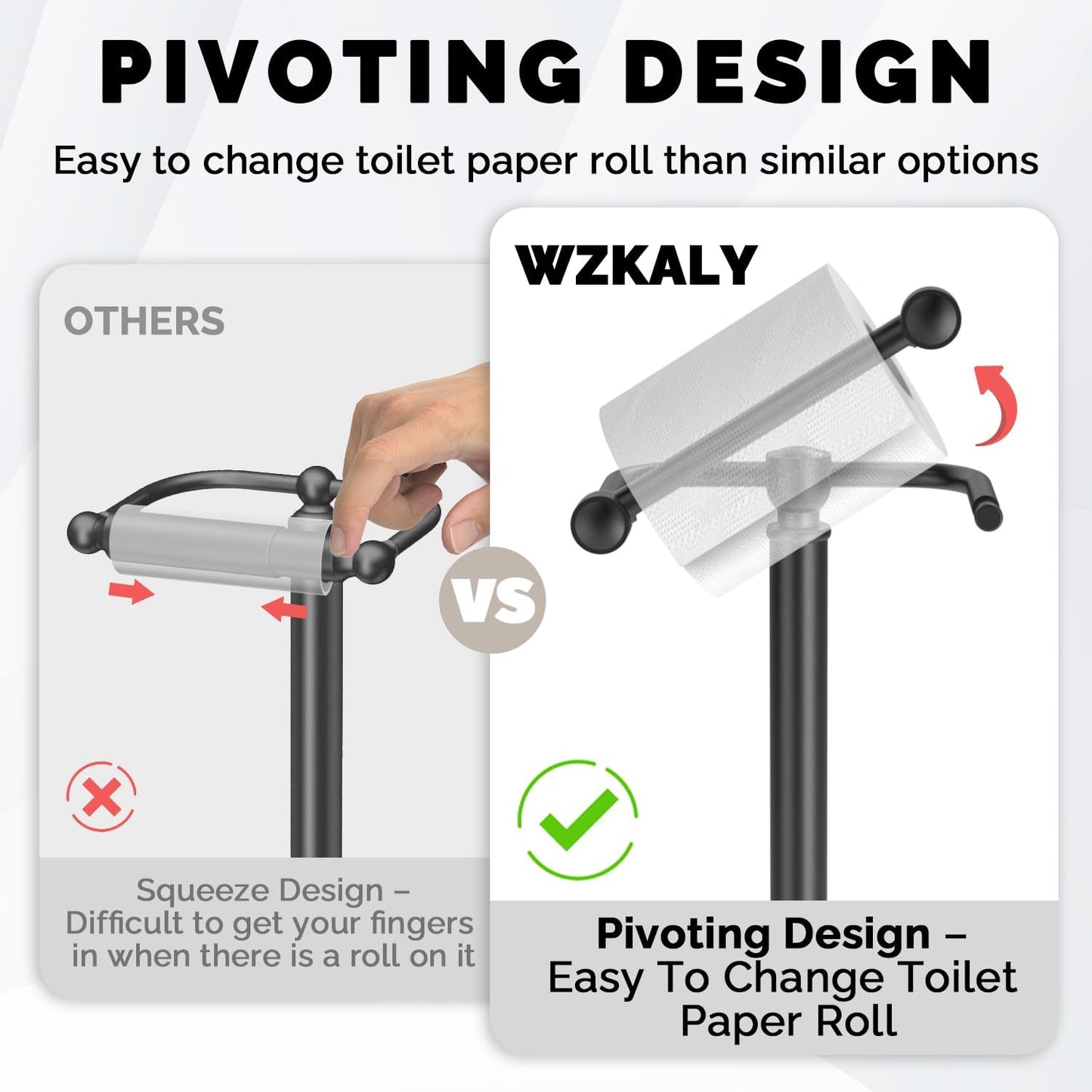 Black Toilet Paper Holder Stand Stainless Steel & Stable Weight Base | Post Pivoting Design Easy to Change Roll, Mega