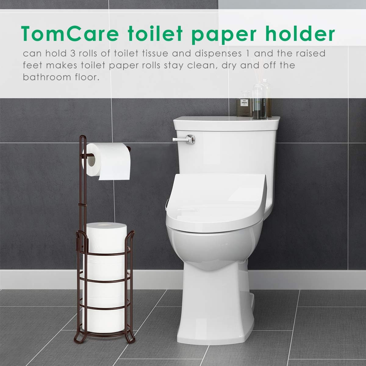 TomCare Toilet Paper Holder Stand Free Standing, Holds 4 Mega Rolls, Bronze | Tool-Free Assembly, Detachable Metal Wire