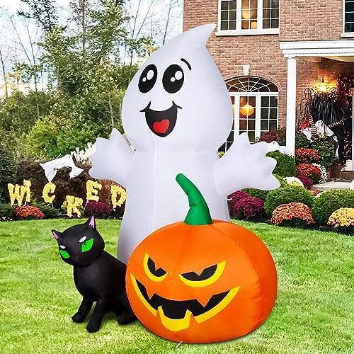 COMIN Halloween Inflatable 5FT Ghost with Black Cat and Pumpkin, Built-in LEDs Blow Up Yard Decoration for Party Outdoor Yard Garden Lawn
