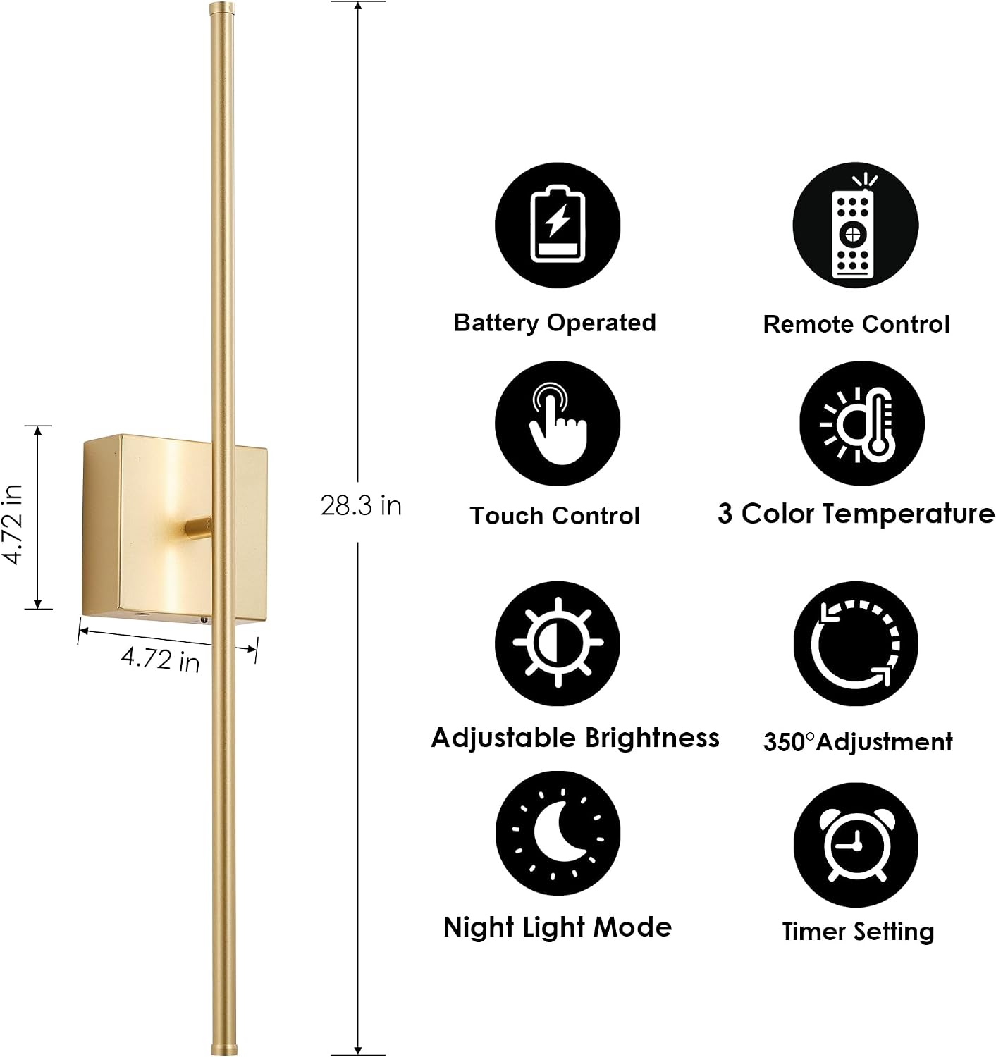 KARTOOSH Battery Operated Wall Sconces Set of 2 Wireless,28.3 Inch Gold | Battery Removable, 3000-6000K, Stepless