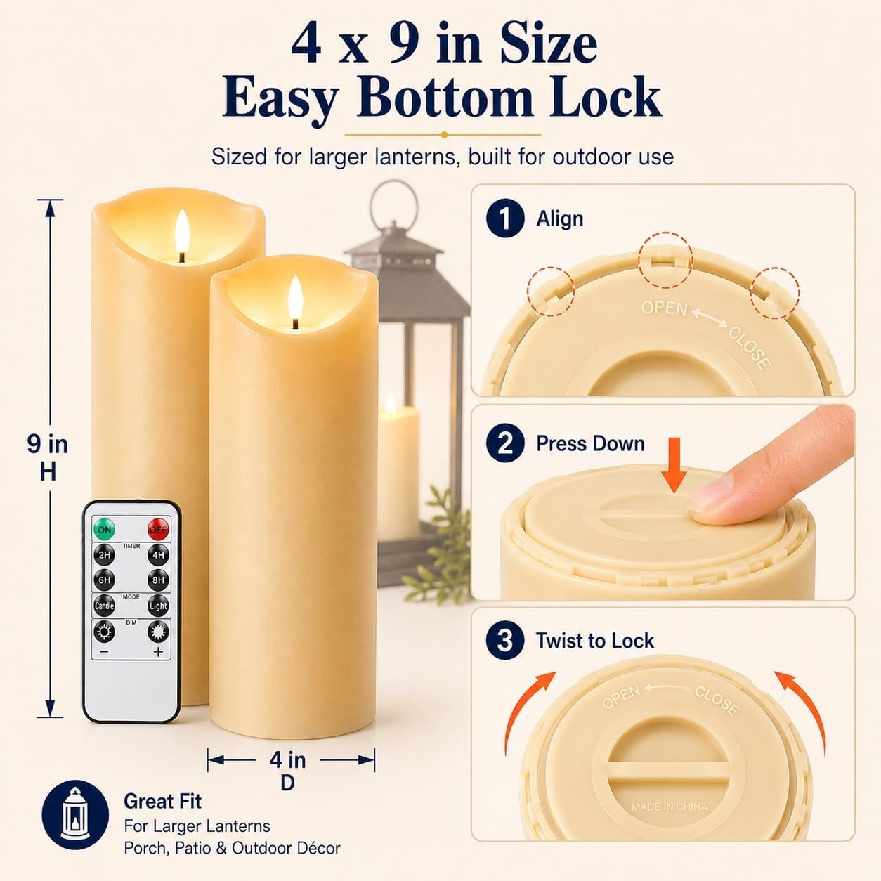 Outdoor Pillar Candles Battery Operated, 9 X 4 Inch Set of 2 | Waterproof Flameless Candles with Remote Candles for