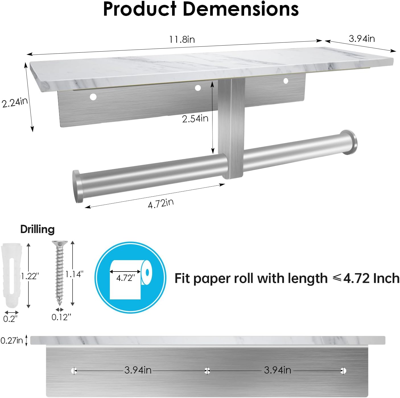 Toilet Paper Holder with Shelf, Double Toilet Paper Holder Wall Mount and 2PCS Free Adhesive Hooks for Bathroom