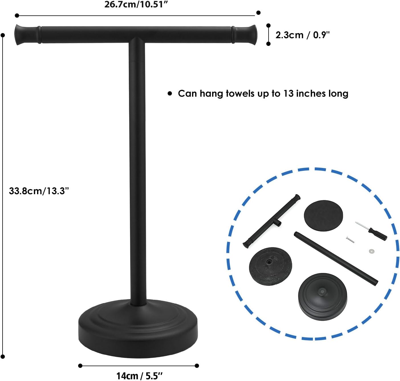 RUMOSE Matte Black Hand Towel Holder Stand Countertop Towel Rack | 13 Inch Bathroom Kitchen Vanity T-Shape Towel Stand