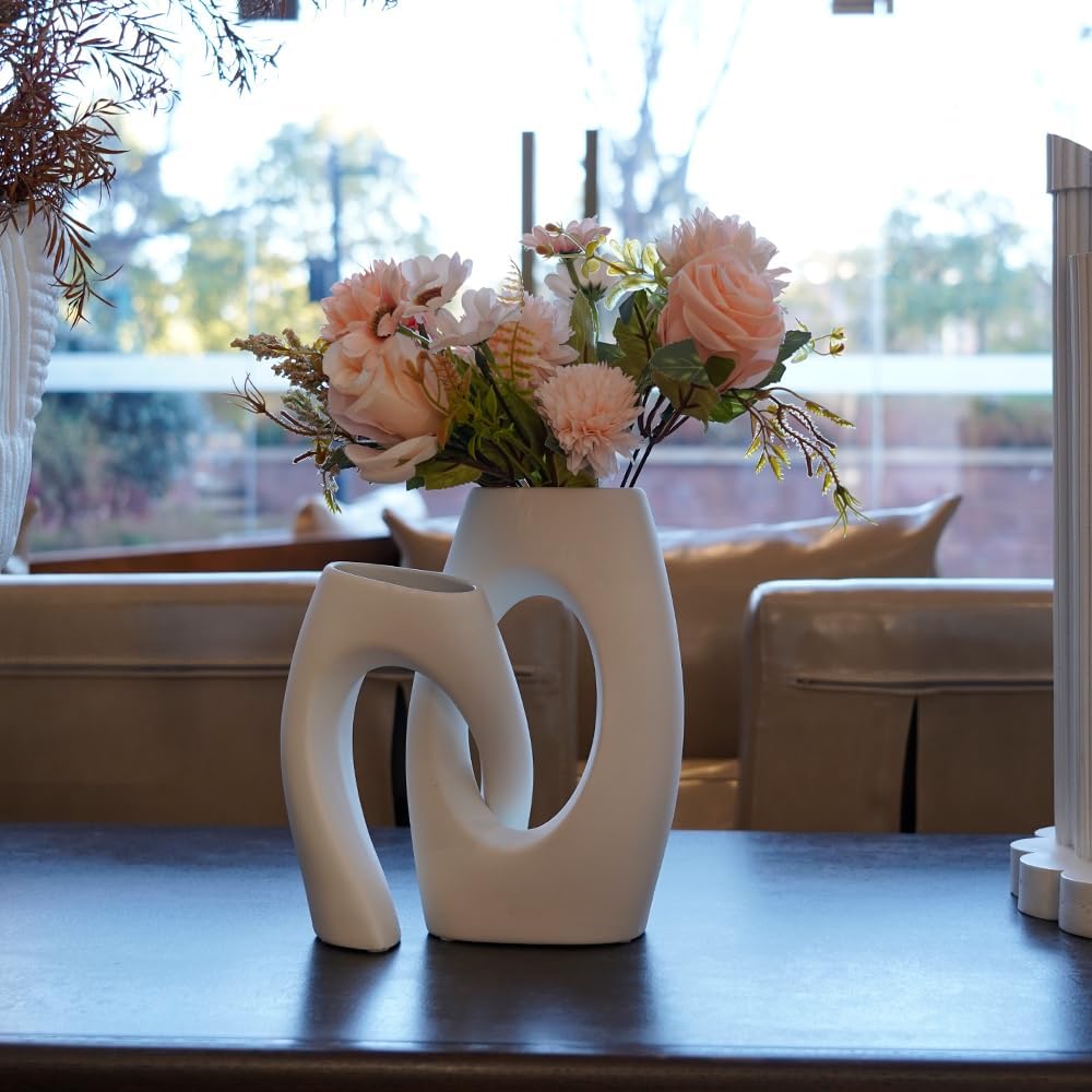White Ceramic Vase / Champagne-colored Flowers and White Vase / Set of 2