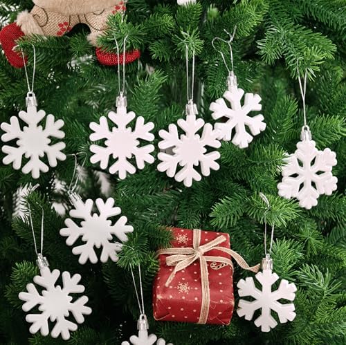 24 Pcs Snowflake Hanging Ornaments for Christmas Tree Xmas Winter Snowflake Tree Ornaments Plastic White Snowflakes Hanging Decorations for Xmas Trees Winter Wonderland Holiday Party Home Decoration