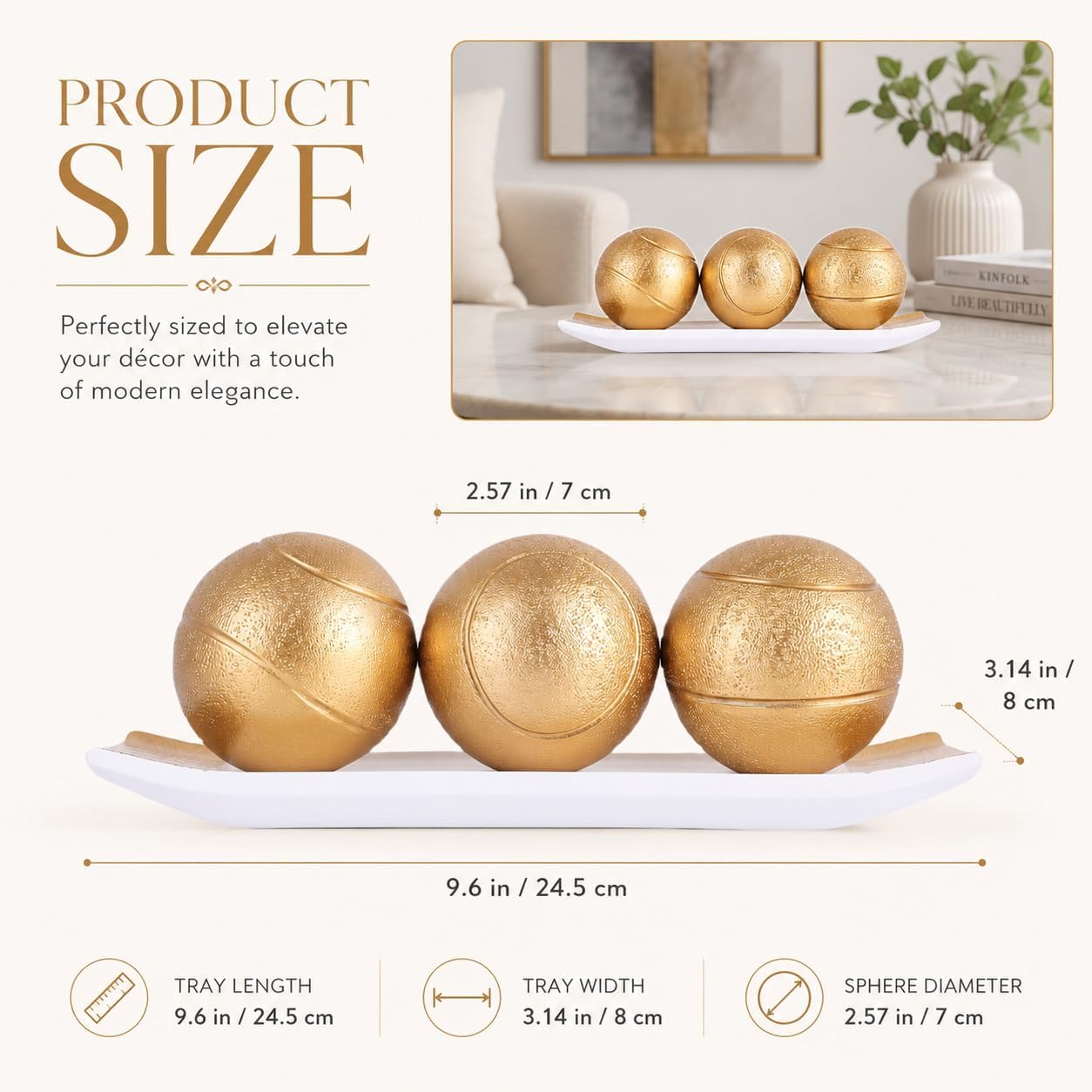 Small Decorative Tray and Orbs Balls Set / White Gold