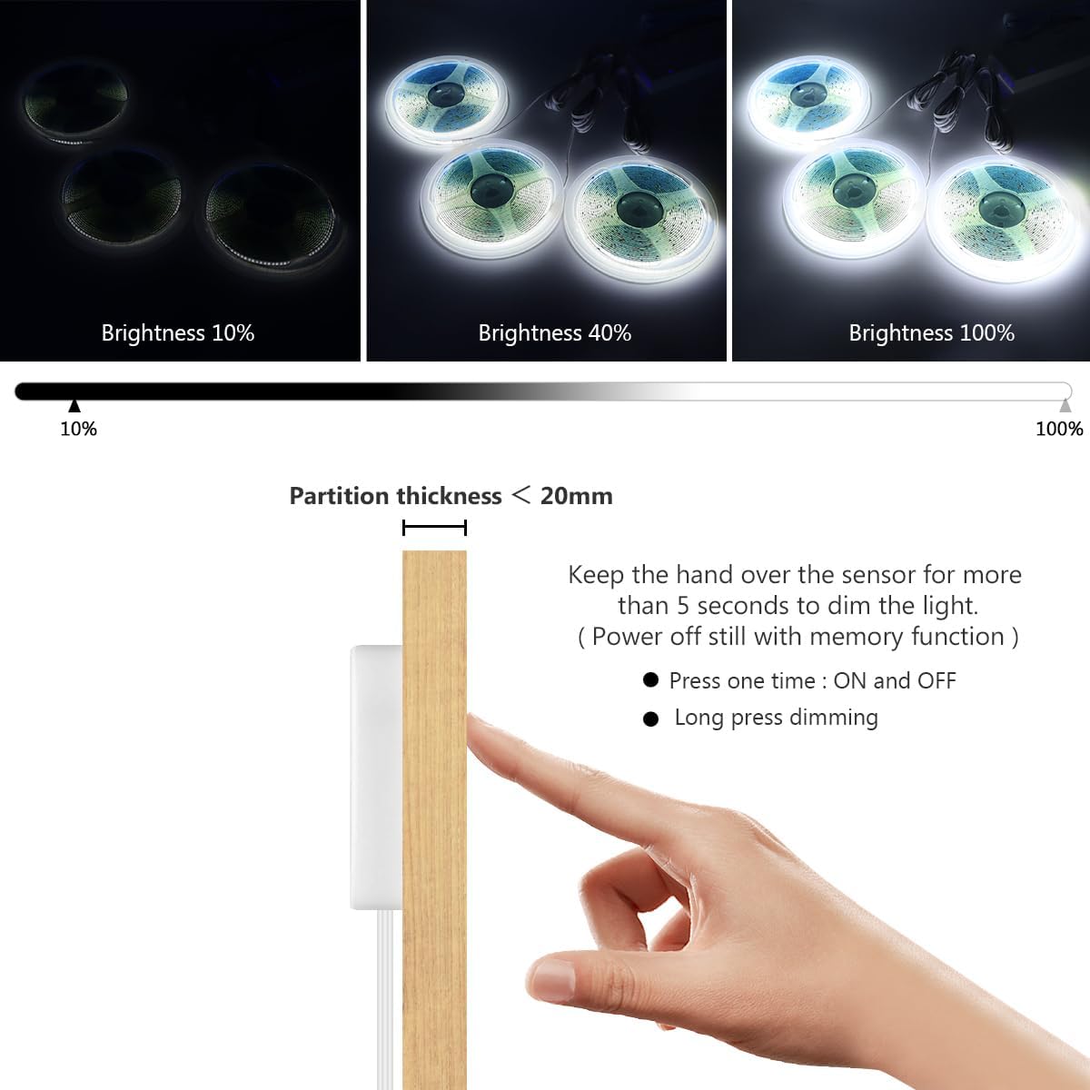 Cabinet Light COB LED Strip Lights 6-in-1 Dimmable Touch Control | for Display Cabinets, Wardrobes, Kitchen, Wine