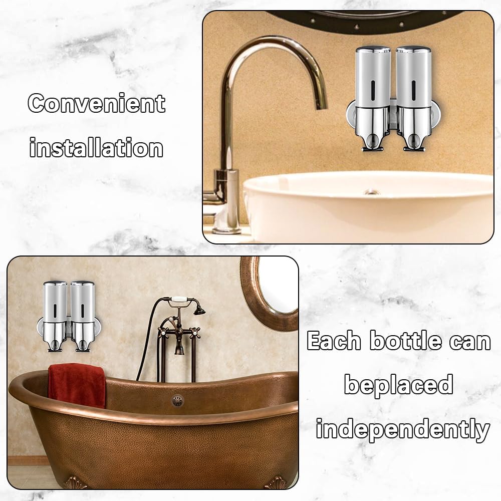 2 in 1 Chamber Wall Mounted Shampoo and Conditioner Dispenser (Silver) | No Drill Shower Soap Dispenser for Bathroom &