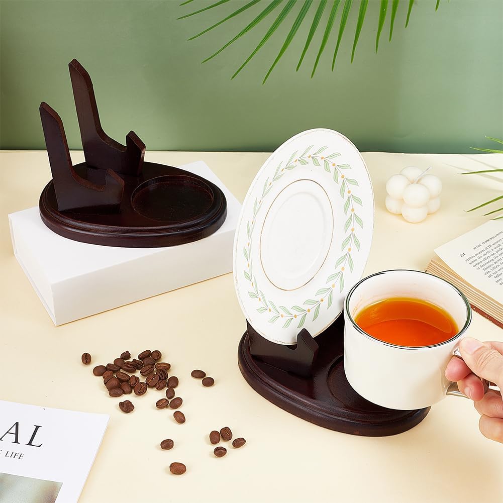 Wood Tea Cup and Saucer Display Stand / Brown / Set of 2