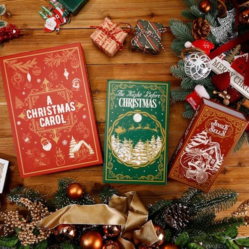 Threehoney 3 Pack Christmas Decorative Books Christmas Decor Extra Deep Faux Book Russian Doll Style Hidden Storage Box with Magnetic Cover Holiday Themed
