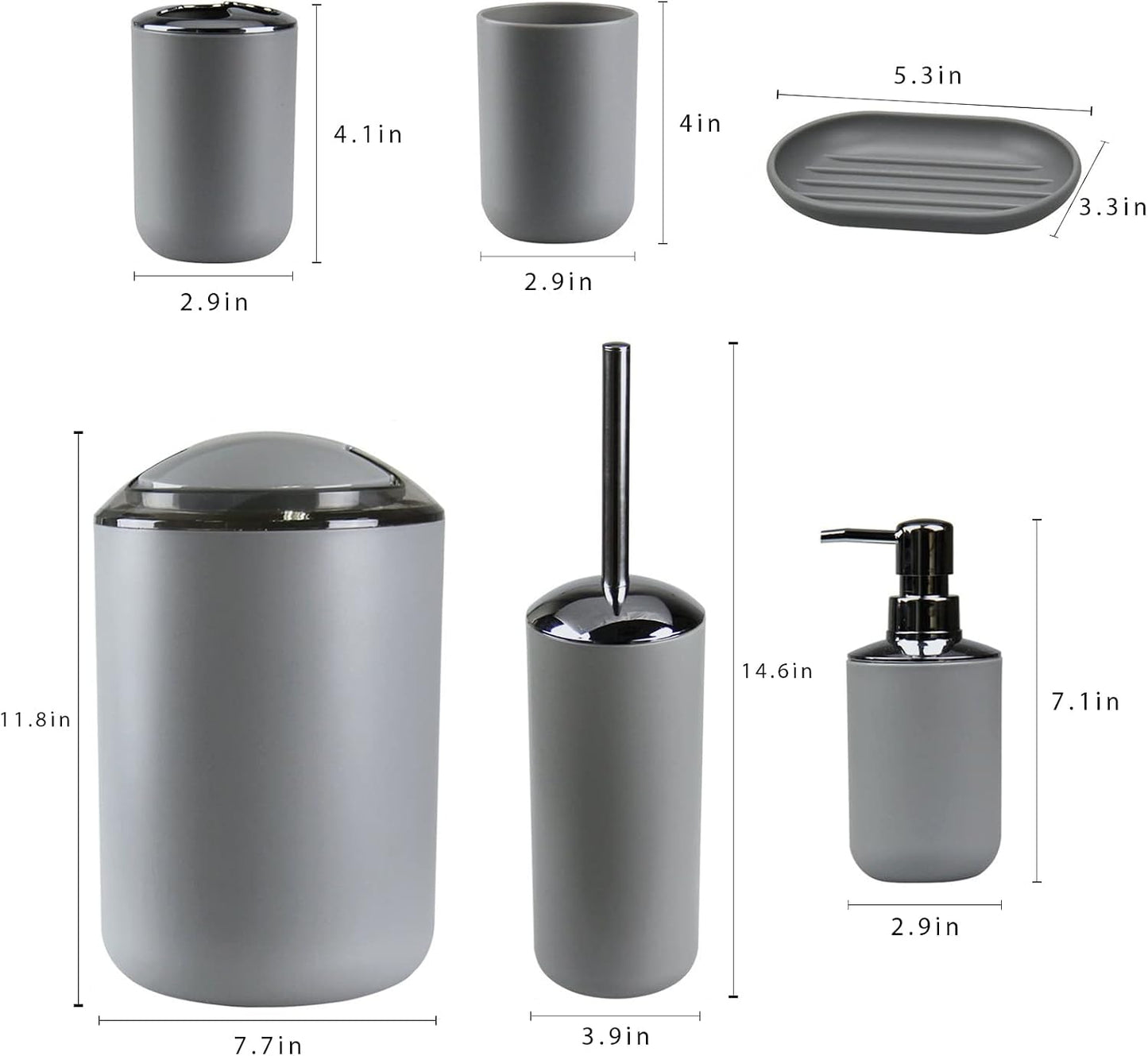 IMAVO Bathroom Accessories Set,Grey Bathroom Set,7 Pieces Bathroom Accessory Set,Tray,Toilet Brush,Trash Can for