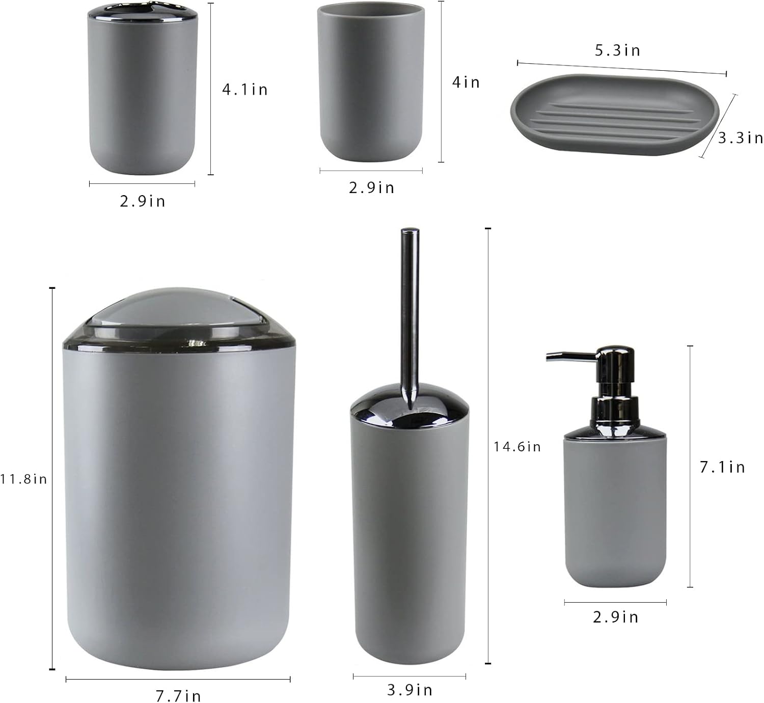 IMAVO Bathroom Accessories Set,Grey Bathroom Set,7 Pieces Bathroom Accessory Set,Tray,Toilet Brush,Trash Can for