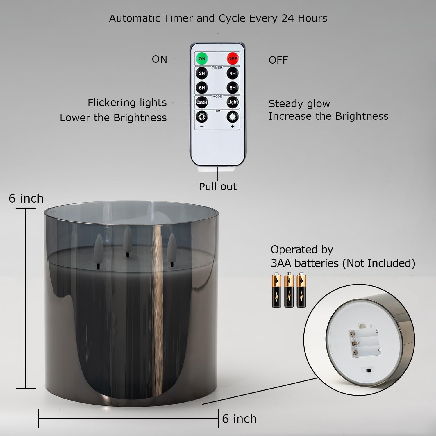 Homemory Grey Large Glass Flameless LED Candle, 3 Wicks, Remote Timer | 6"x6", real wax, battery operated flickering