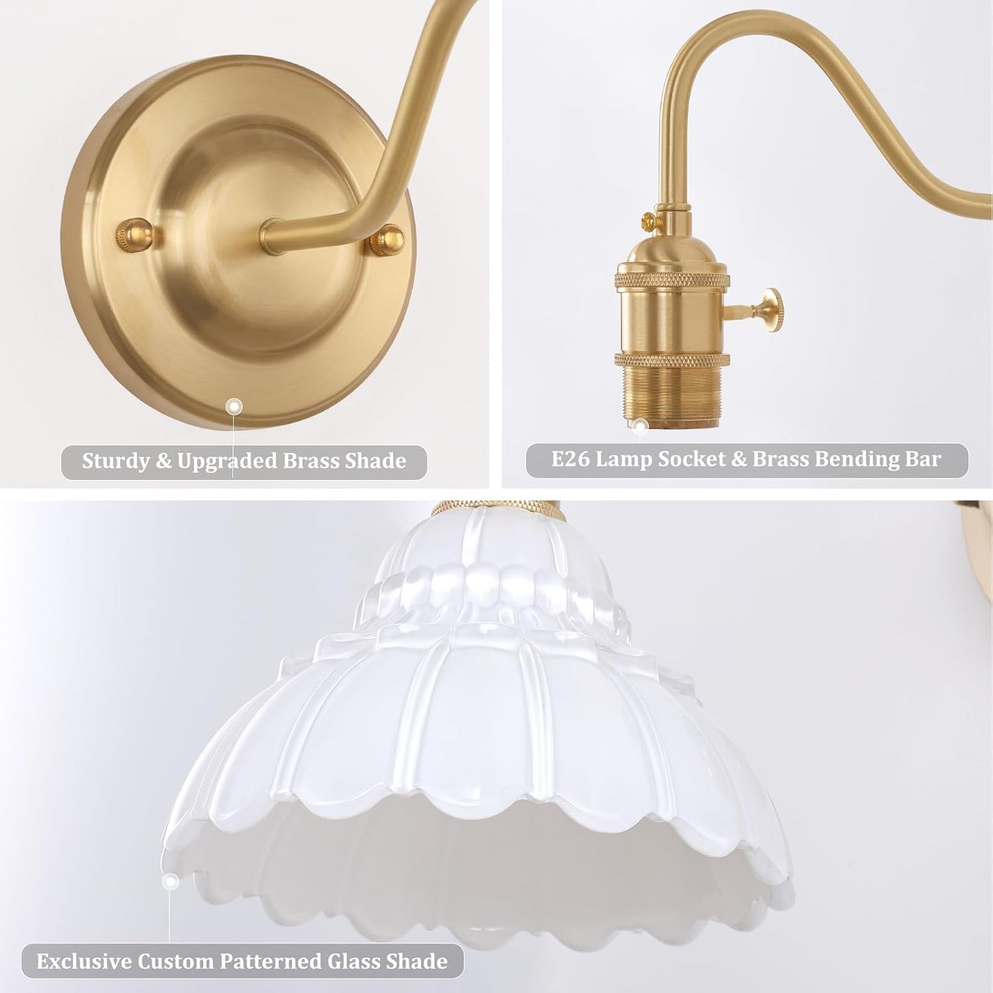 Shenmoyl Battery Operated Wall Sconce Set of 2, Vintage Rechargeable Wall Lights with White Lily Glass Shade, Wireless