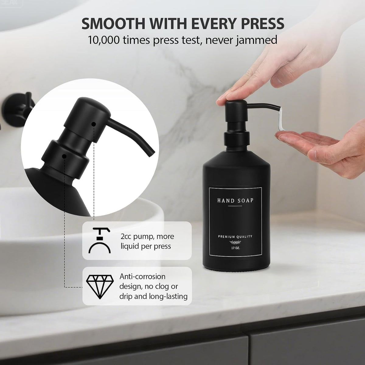 Matte Black Soap Dispenser Set, 17 OZ Hand and Dish Soap Dispenser Set, Bathroom Refillable Soap and Lotion Dispenser