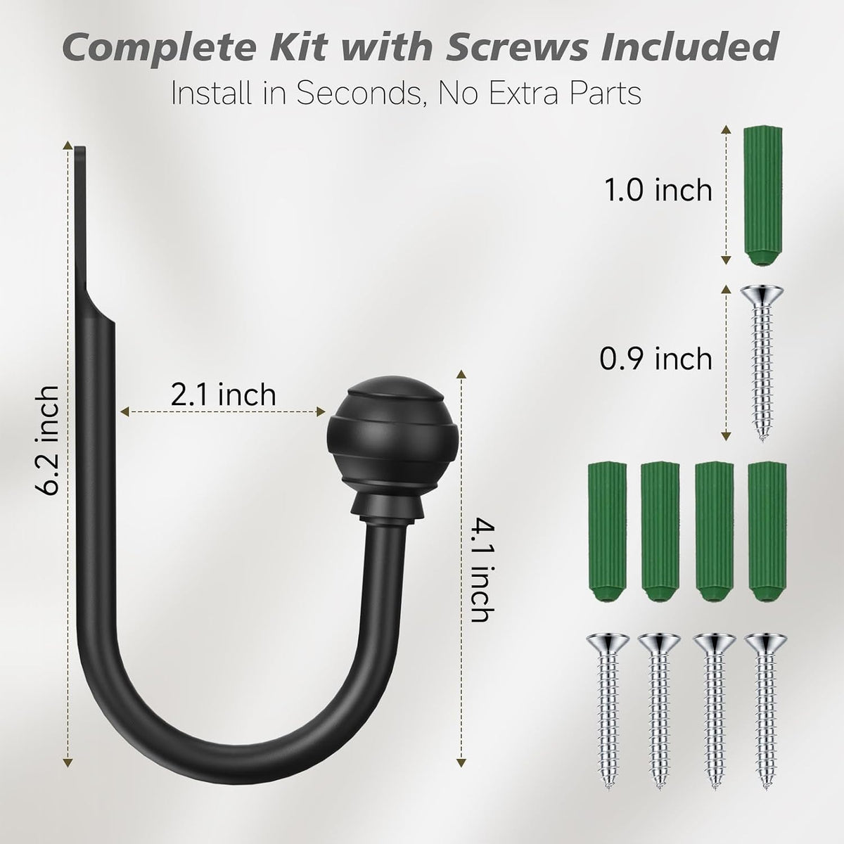 Hion Curtain Holdbacks Black 6pcs, Curtain Tiebacks Wall Mounted Hooks | Curtain Holders for Drapes, One-Piece Metal